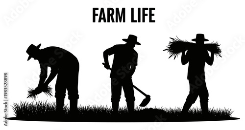 Farmers harvesting crops in silhouette against a white background