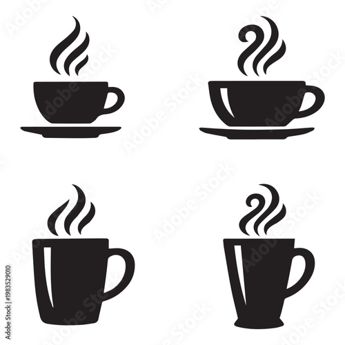 Coffee and tea cup icons set, black steaming mug silhouettes with saucer isolated on white background, hot beverage symbols for cafe or restaurant logo.