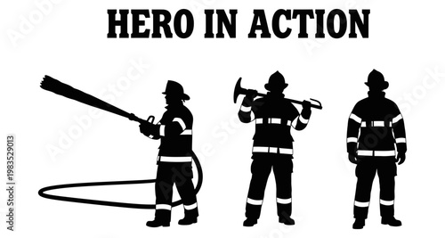 Firefighters in silhouette with equipment during rescue operations illustration