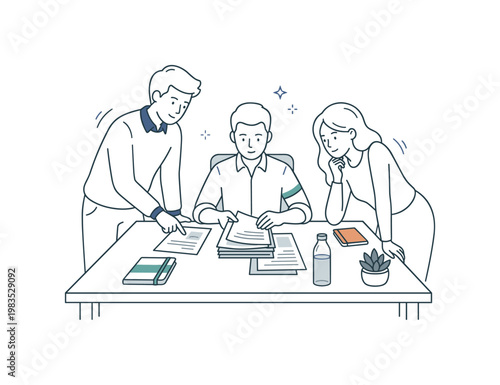 Small team sharing a peaceful coworking scene with one person at center organizing papers while others lean in calmly discussing