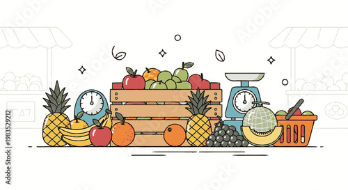 Fresh fruit on wooden crate table.