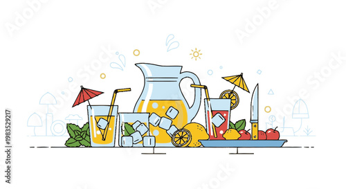 Fresh lemonade in a jug and glasses.