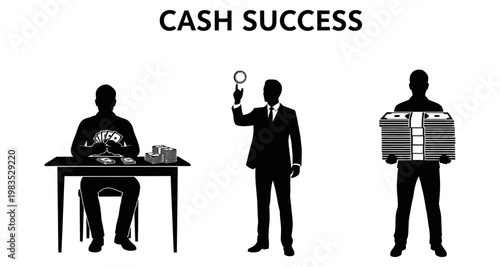 Man counting money at desk examining with magnifying glass and holding large cash stack