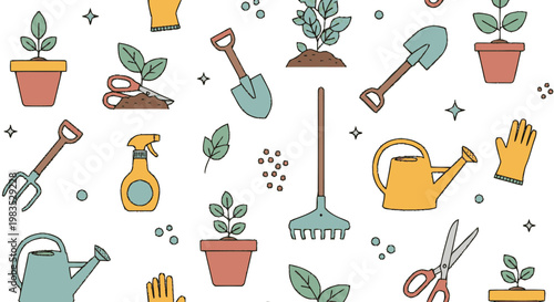 Gardening tools and potted plants.