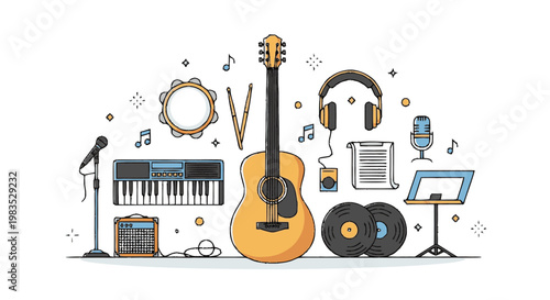 Guitar and music equipment collection.