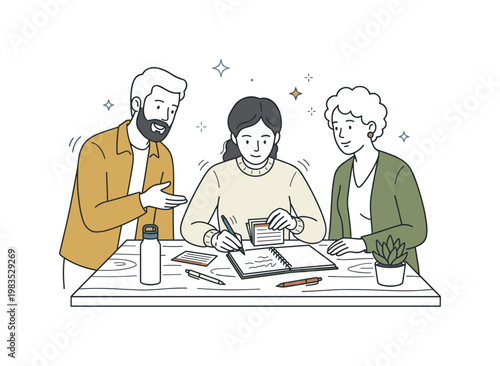 Small team sharing a calm writing session with one person at center organizing written notes while others observe and gesture