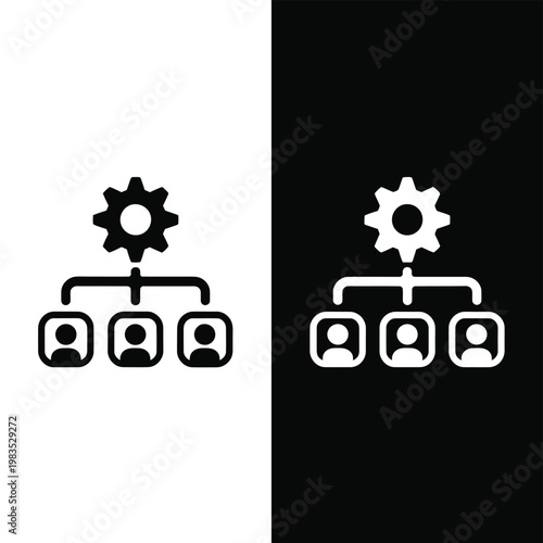 Hierarchy diagram showing a gear and people icons in dual tones