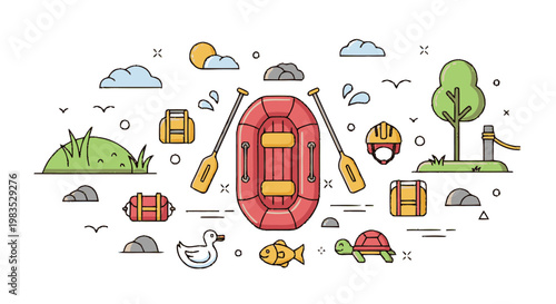 Inflatable boat with oars floating water.