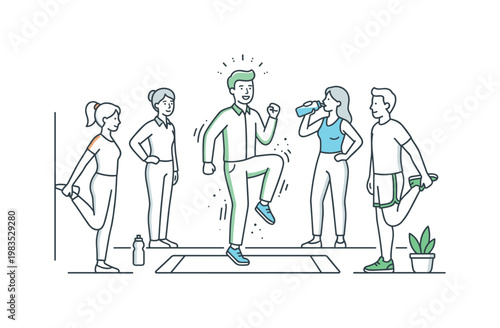 Office team sharing a wellness break with one person at center lifting knees in place while others stretch legs and hydrate nearby