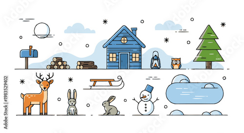 Snowman in winter scene with animals.