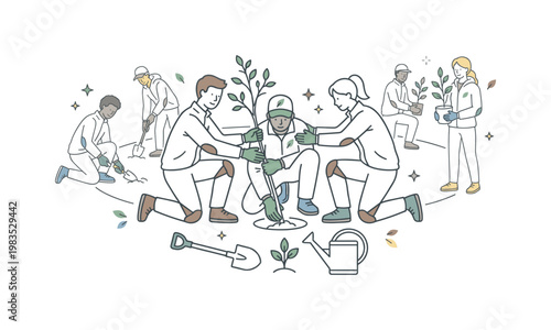 Group of volunteers working together on a tree planting day with one person at center lowering a sapling into a hole while others