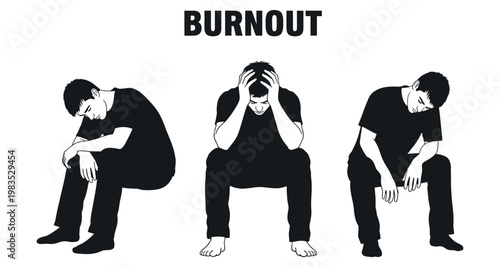 Man suffering from burnout with three poses showing exhaustion and stress