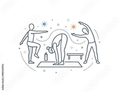 Small group combining yoga and light jogging with one central figure bending forward on a mat while others step in place and