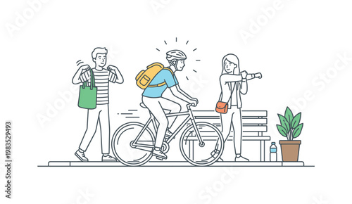 Young adults enjoying active commute together with one central cyclist moving forward while others walk beside carrying small bags