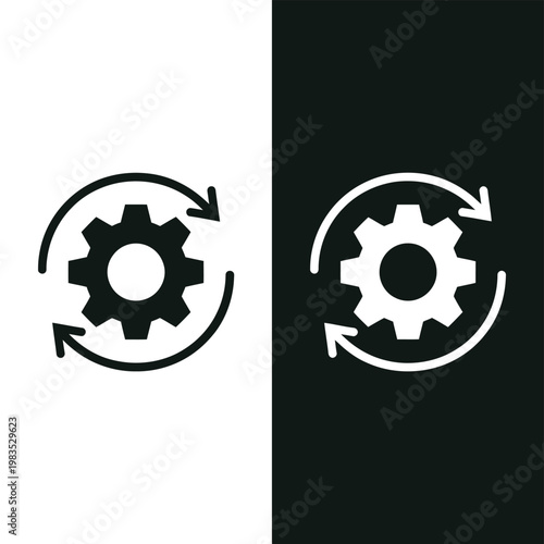 Two contrasting gear icons with circular arrows representing process or duality
