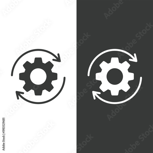 Rotating gears icon set presented in both white and black variations