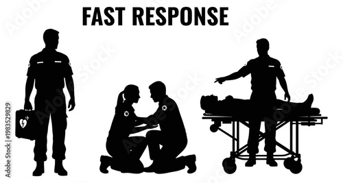 Paramedic silhouettes in action during emergency response with medical equipment