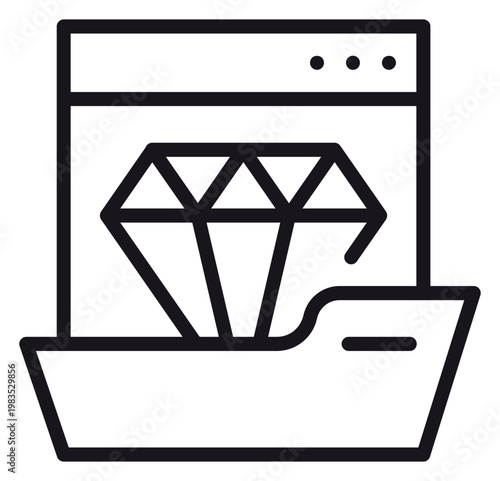 Minimalist black vector icon illustration of a diamond inside a web browser window and a file folder, representing premium digital assets, high-quality web content, and valuable data storage.