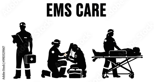 Paramedic silhouettes providing emergency medical care during rescue operations