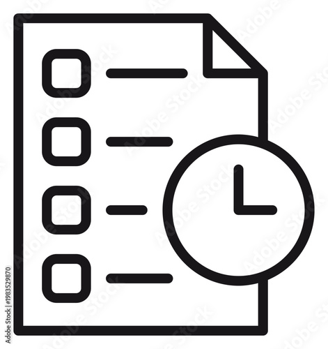 Black and white vector icon illustration of a document checklist with a clock symbol, representing time management, task scheduling, project deadlines, and productivity tracking.