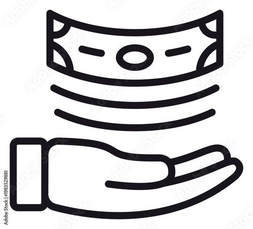 Tableau sur toile Black minimalist vector icon illustration of a hand holding a stack of floating banknotes, representing money, finance, payment, salary, donation, investment, and wealth on white background