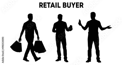 Retail buyer silhouettes in various shopping poses against white background