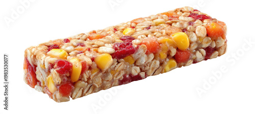 A close-up of a rectangular, textured snack bar with visible grains and fruits