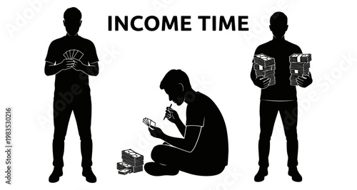 Silhouetted men display cash during income time concept