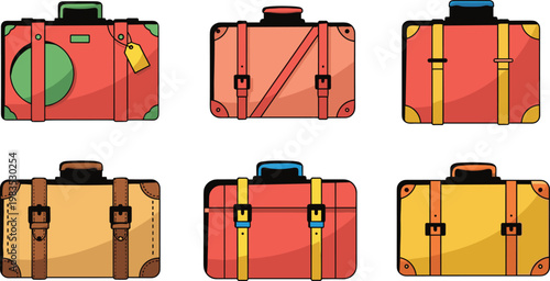 Travel suitcase icons set with colorful luggage bags vacation trip vector illustration tourism baggage collection design
