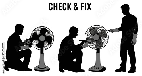 Silhouetted men repairing electric fans in sequence against white background