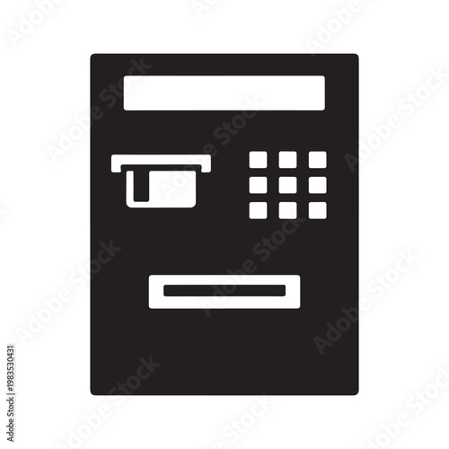 Black and white icon of an automated teller machine with card slot and keypad interface.