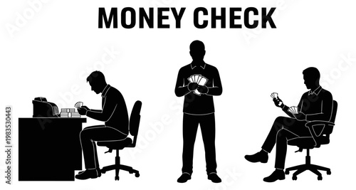 Silhouettes of a businessman counting cash and holding money with a clean background