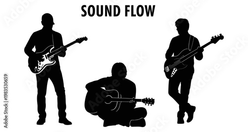 Silhouettes of guitarists playing music with a white background during a performance