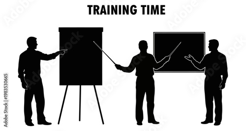 Silhouettes of instructors giving presentations with flip chart and board