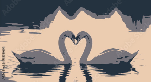 Two elegant white swans gracefully swimming in calm water while their long necks form a beautiful heart shape during a romantic sunset to represent eternal love and peace in the wild nature