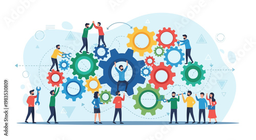 Teamwork and collaboration concept with people working together to solve problems using gears and light bulb ideas.