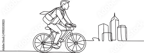 Line drawing of young businessman riding bicycle to work for eco friendly transportation concept