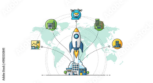 Rocket launching from factory symbolizing global industrial growth and technology connections.