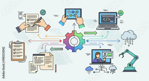 Conceptual illustration of digital workflow and software development process.