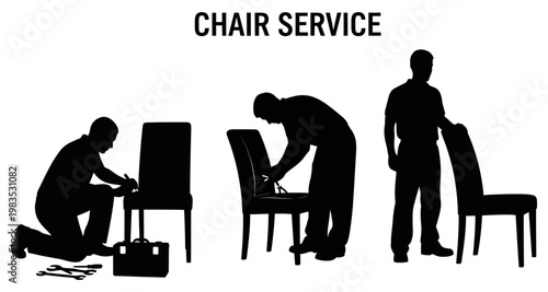 Silhouettes of men repairing and standing by chairs during service