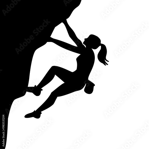 Female rock climber silhouette vector illustration in dynamic climbing pose on cliff with ponytail, chalk bag, shoes, black on white