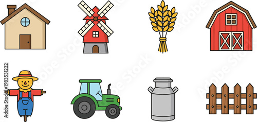 Farm and agriculture icon set with tractor barn and windmill