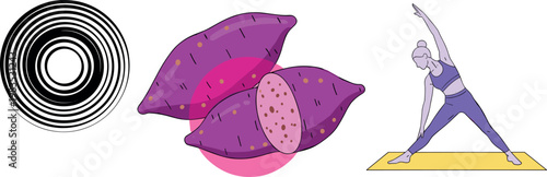 Sweet potato illustration with abstract circle elements and yoga woman pose vector design healthy lifestyle and organic food concept