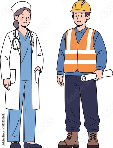 Children imagining future careers doctor and construction worker