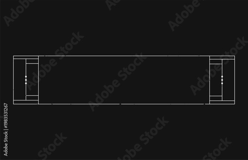 White line vector illustration of black cricket field markings with posts, stumps, creases on dark transparent background