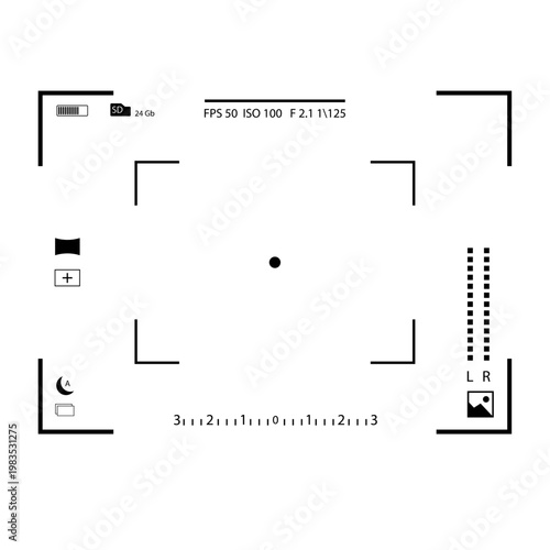 Black vector illustration of digital camera viewfinder interface with focus points, fps, iso, shutter, battery, sd card on white background