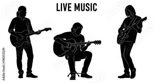 Silhouettes of musicians playing acoustic guitars during a live performance