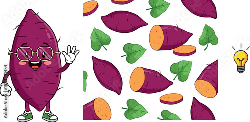 Cute sweet potato character with glasses and seamless pattern vector illustration organic vegetable cartoon and food design concept