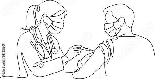 Continuous Line Drawing Woman Doctor Vaccination Medical Healthcare Concept Illustration