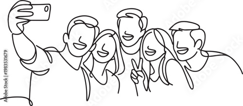 Happy Young Friends Taking Selfie Minimal One Line Art Social Lifestyle Illustration